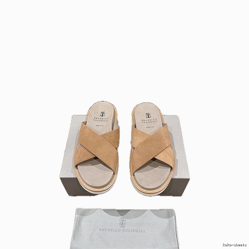 Brunello Cucinelli Casual-style Camel Cross-strap Slide Sandals