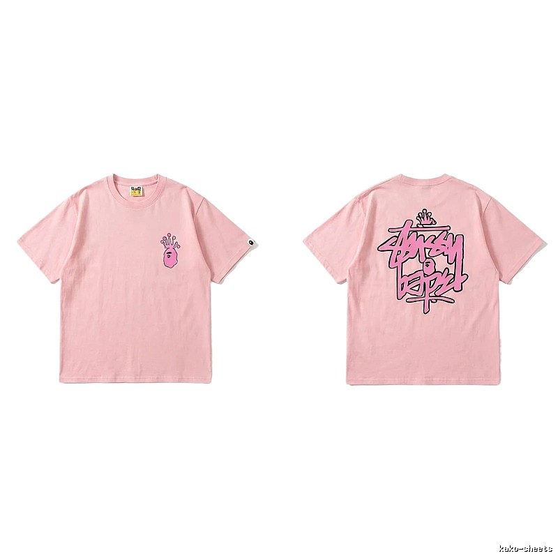 Bape Crown Print Trendy Cool Pink T-shirt