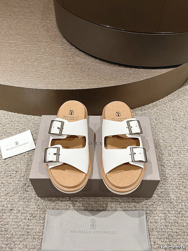Brunello Cucinelli Double-Button Minimalist-Style White Slide Sandals