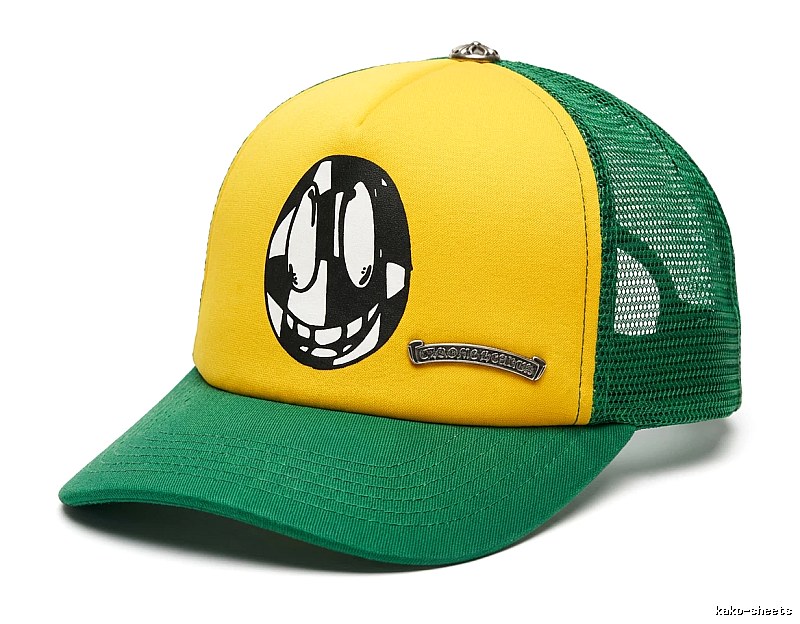 Cartoon-style green and yellow hat of Chrome Hearts