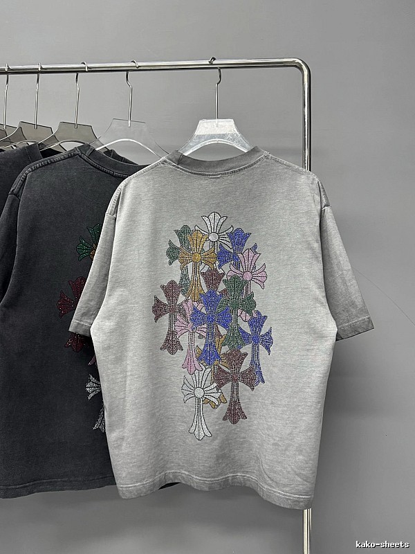Chrome Hearts Cross Hot-Fix Rhinestone Street Style Light Grey T-Shirt