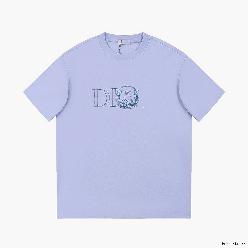 Dior Cat-Embroidered Casual Light Purple Short-sleeve T-Shirt