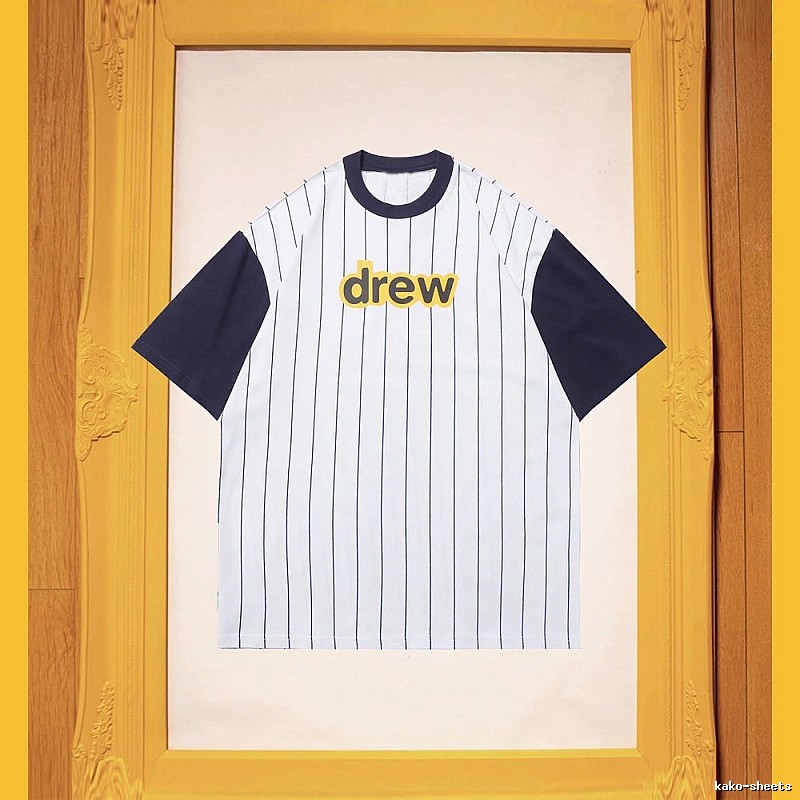 DREW Letter Print Street Style White and Navy Blue Short Sleeve T-Shirt