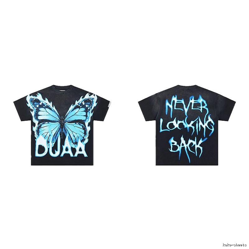 DUAA Butterfly Print Street Style Black and Blue Short-sleeved T-shirt