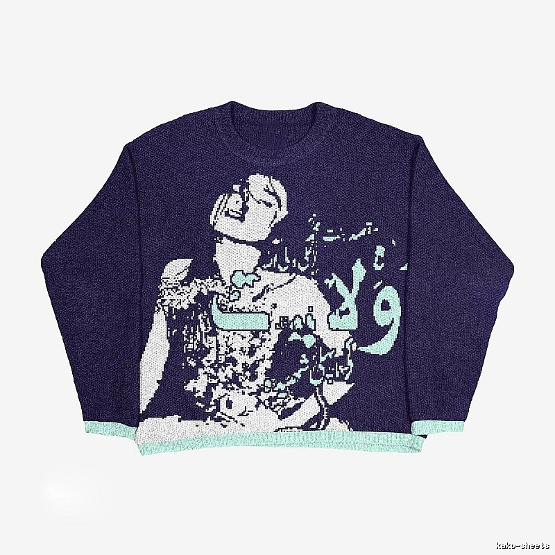 Gift Ready Anime graphic sweater Black Knit Top with Standout Detail