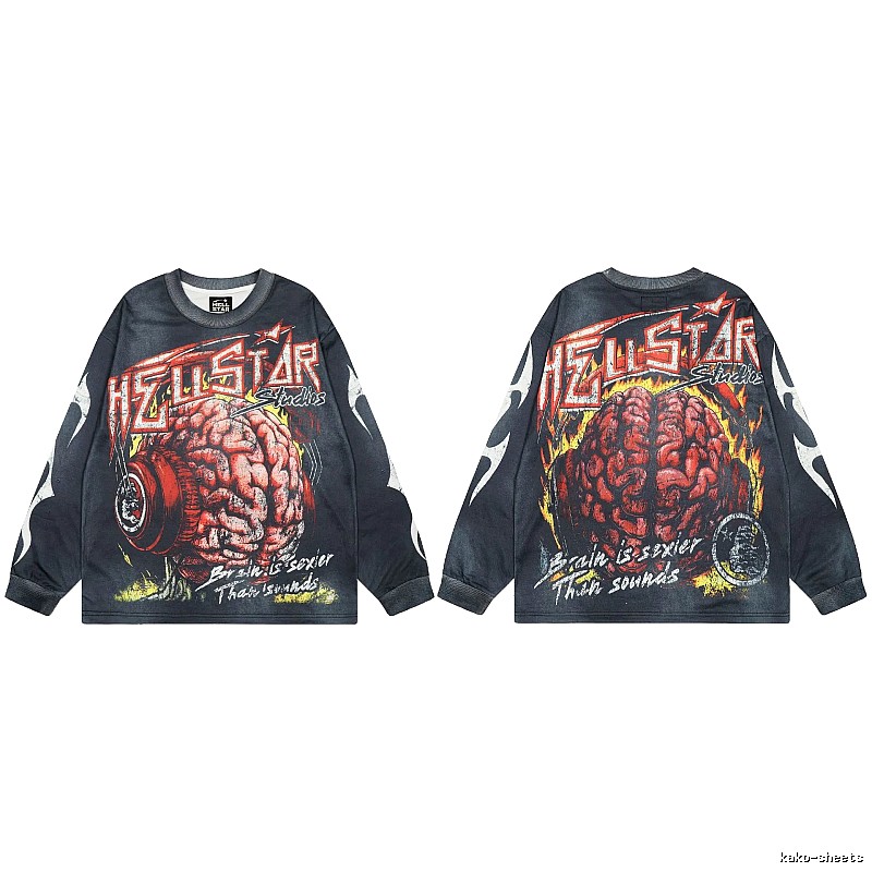Hellstar Brain Print Street Style Charcoal Black Long-Sleeve T-Shirt