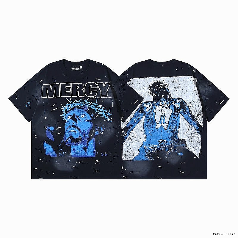 Hellstar Jesus Print Street Style Black and Blue Short Sleeve T-shirt