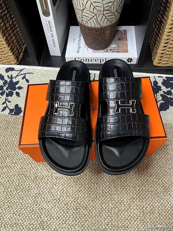 Hermès H-buckle Crocodile Pattern Light Luxury Style Black Slippers