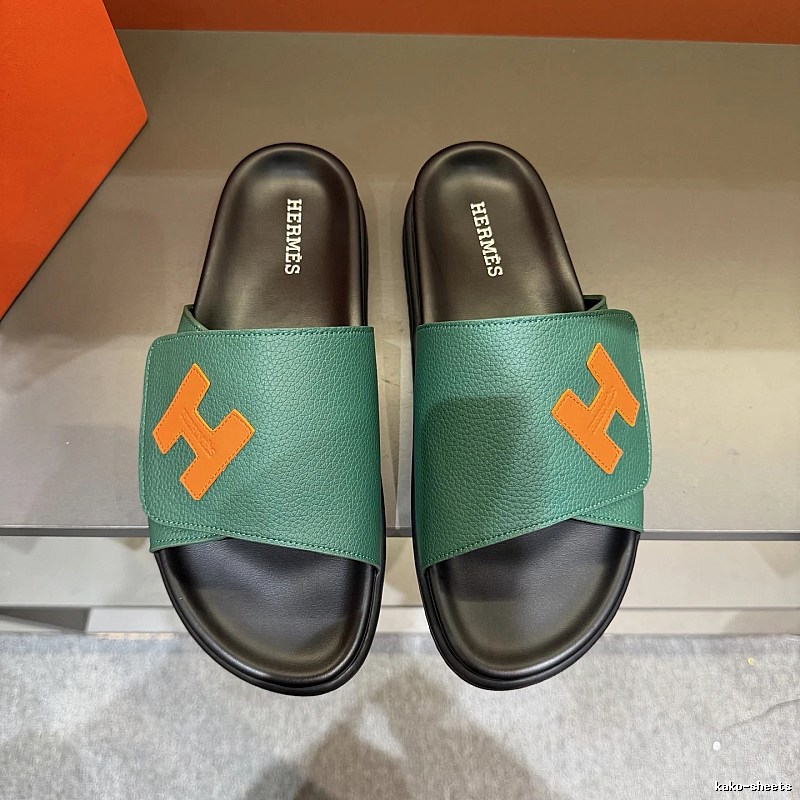 Hermès H Collection Casual Style Green & Orange Color-block Slide Sandals