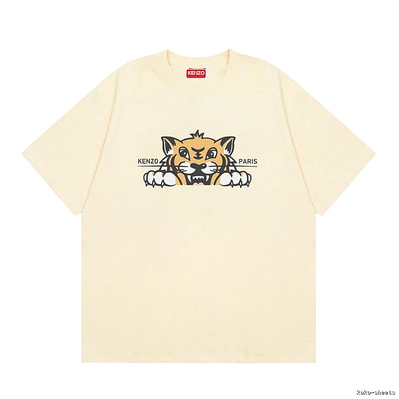 KENZO Tiger Head Print Streetwear Style Beige Short Sleeve T-Shirt