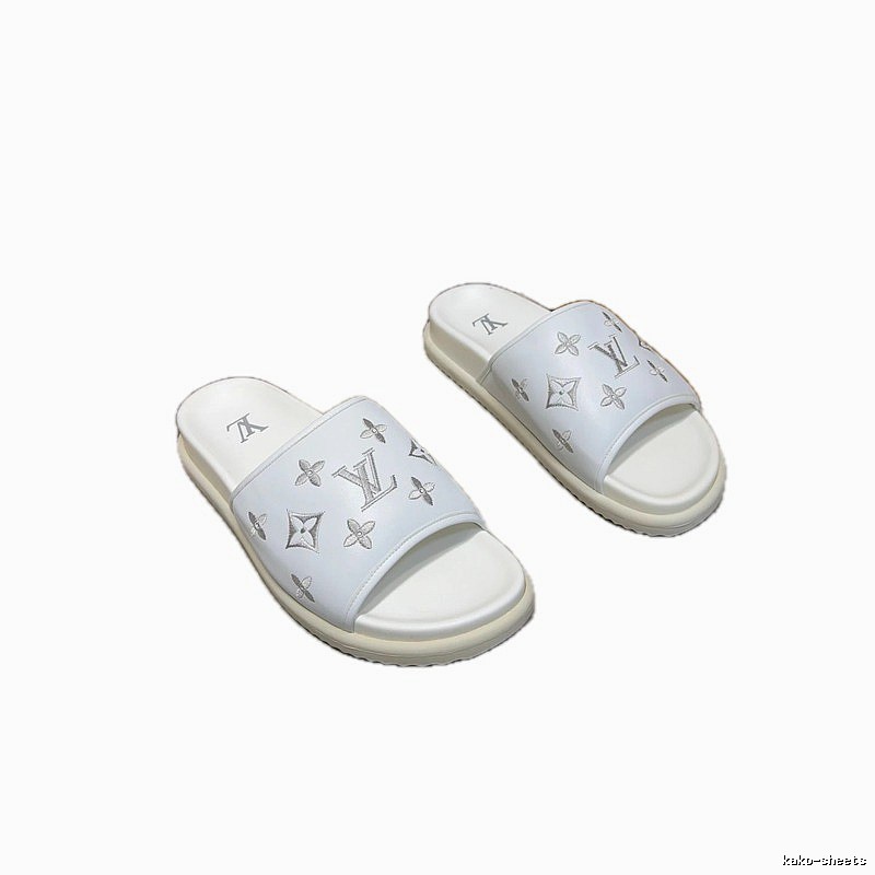 Louis Vuitton Monogram Embroidered Trendy Style White Slippers