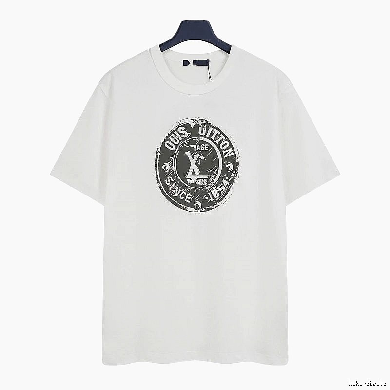 Louis Vuitton Vintage-style Distressed Stamp Print White T-Shirt