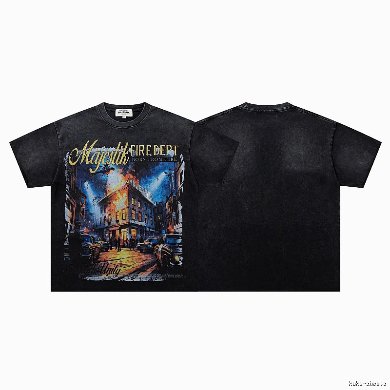MAJESTIK Fire Department Vintage Distressed Black Printed T-shirt