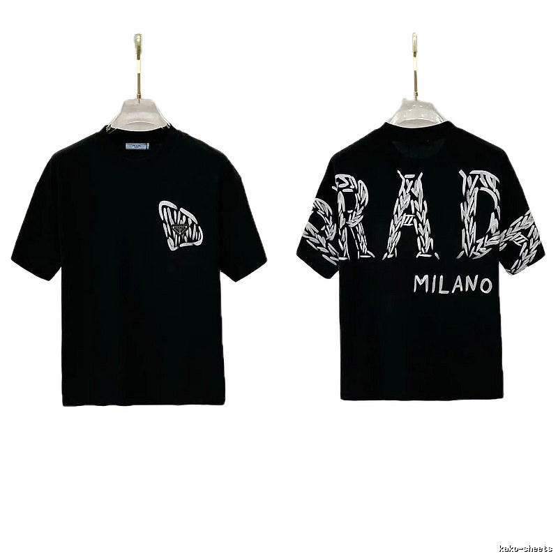 Prada Embroidered Streetwear Style Black Short-sleeve T-shirt