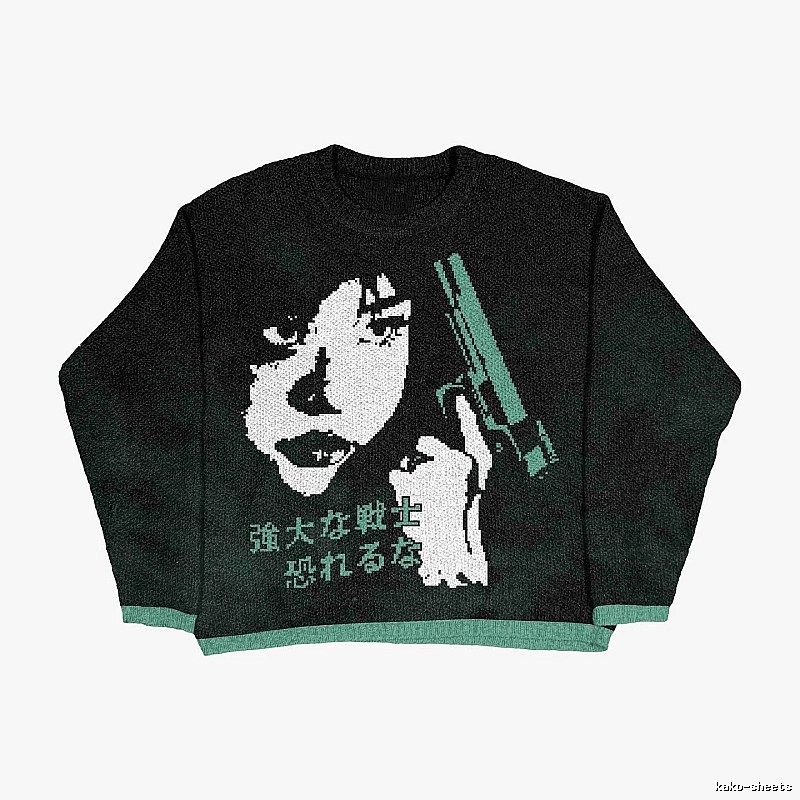 Resort Anime graphic sweater Black Knit Top for Travel Looks