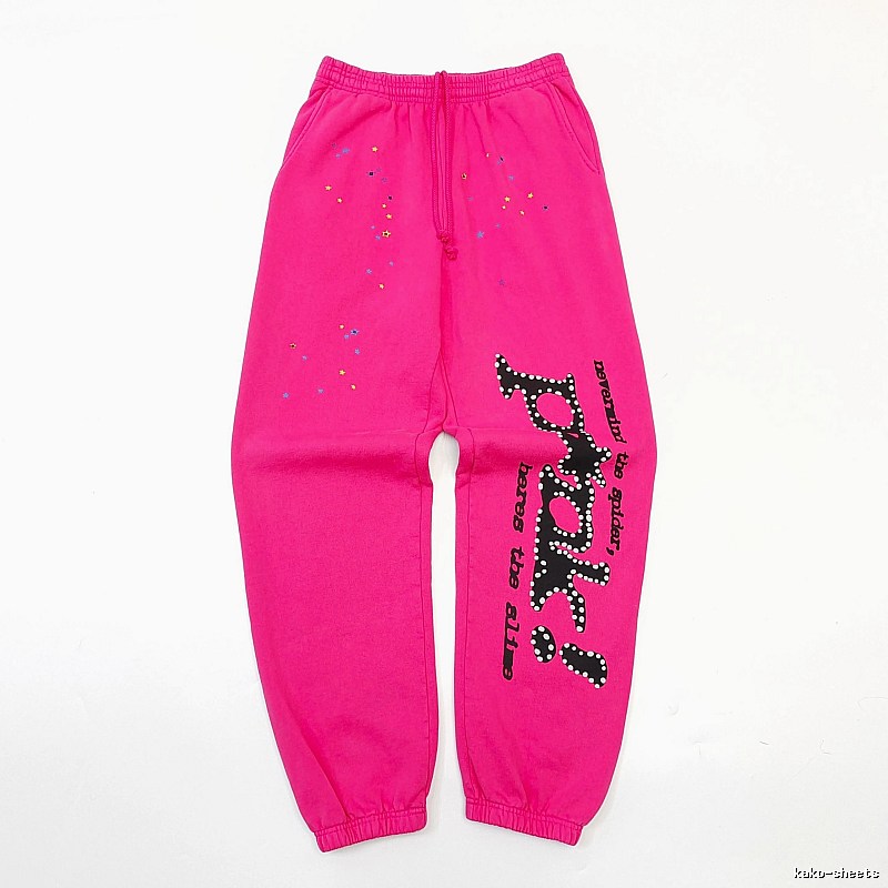 Sp5der Logo Sweatpants in Hot Pink - black vertical branding and cuffed ankles