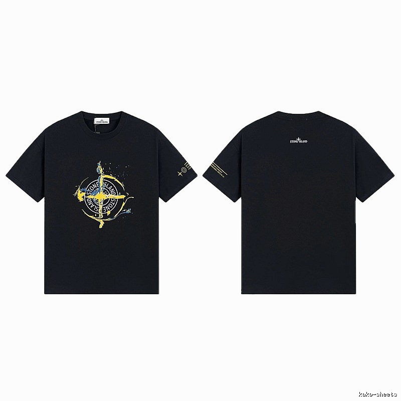 Stone Island Ink-splattered Street Style Black Short-sleeve T-shirt