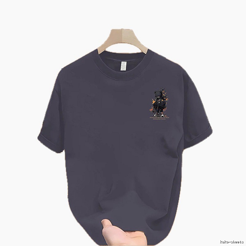 Trendy Streetwear Street-style Grey-blue Short-sleeve T-shirt with Bear Print