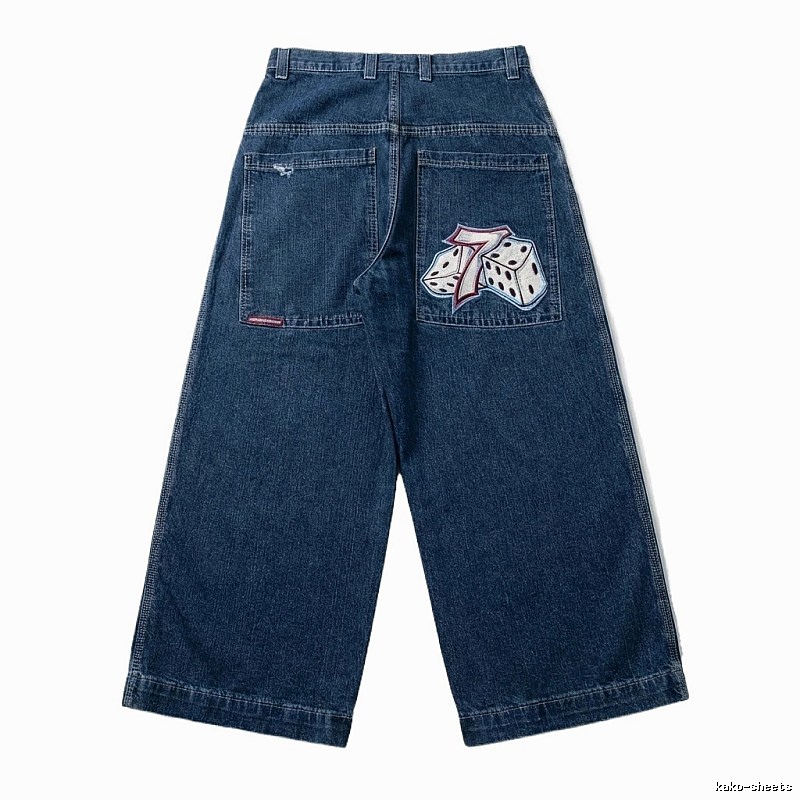 Y2K-style dark blue denim wide-leg pants